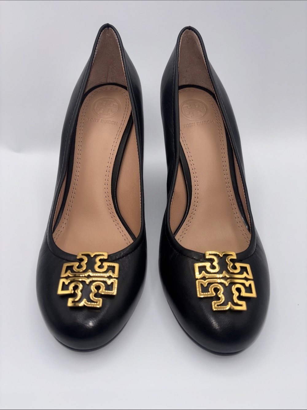 Tory Burch Black Leather Logo Wedges